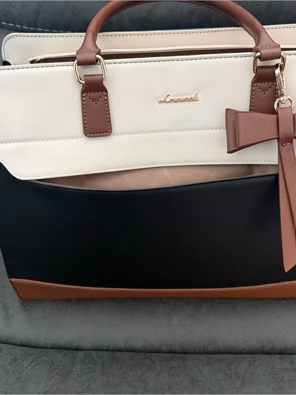 Ladies Three-Tone Laptop Tote Bag in Black, Cream & Brown